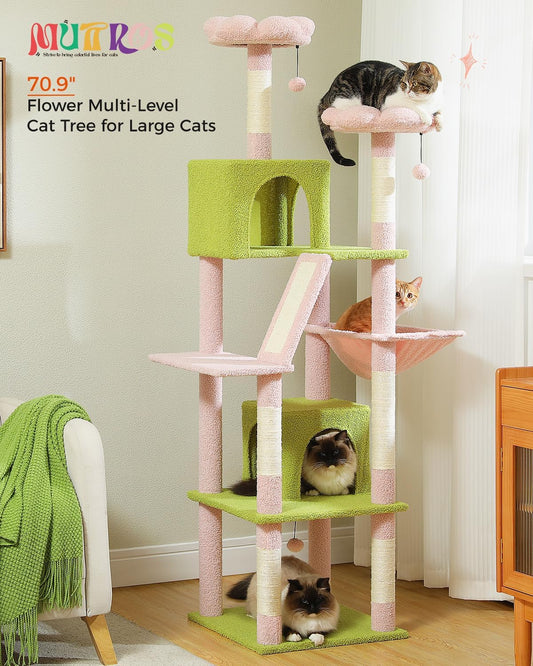 MUTTROS Flower Cat Tree, 70.9-inch Tall Cat Tower in Blossom Pink with 2 Condos & Large Hammock, Whimsical Cat Activity Center with Pom Poms for Indoor Cats