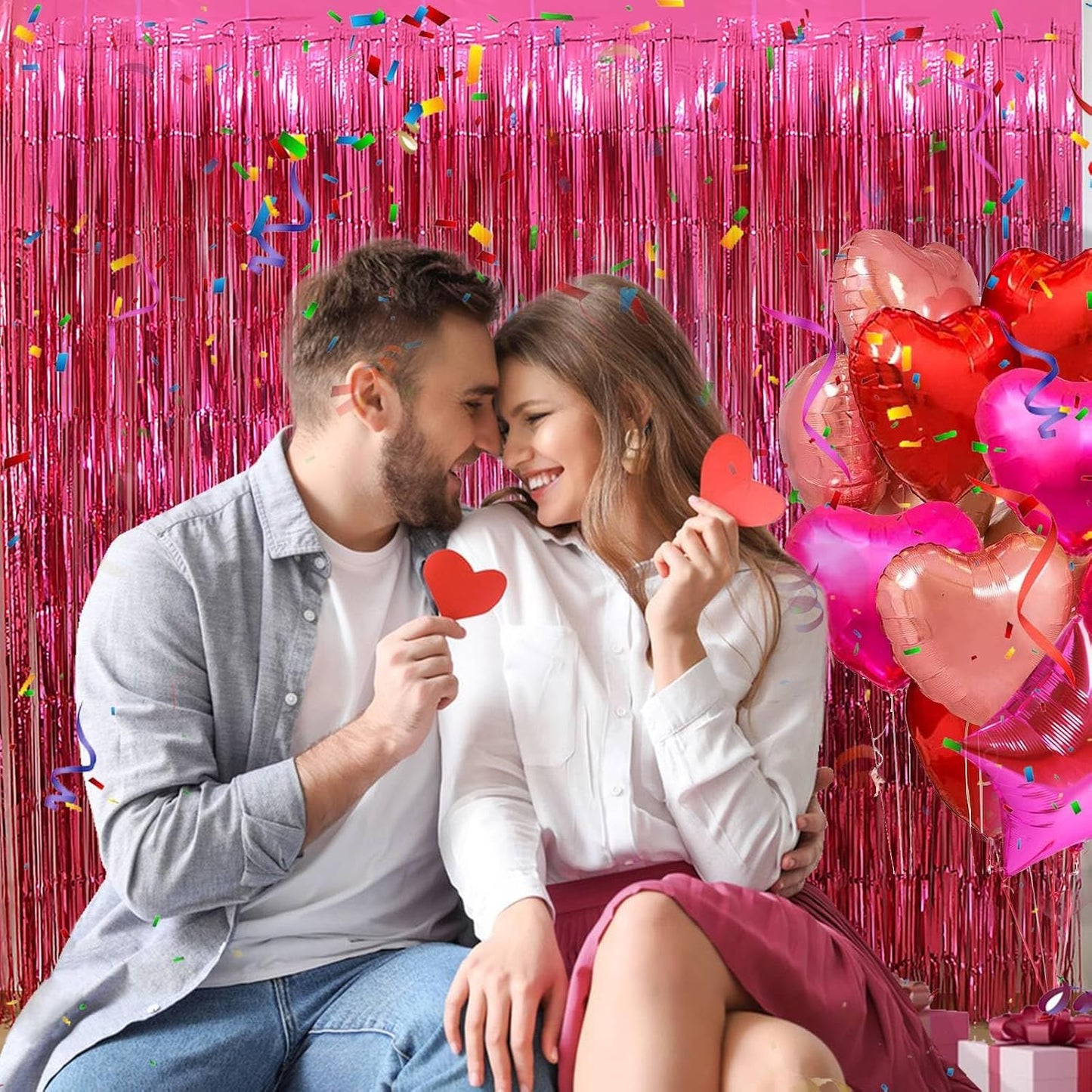 Valentine's Day Party Decorations, 3 Pack 3.2x8.2ft Hot Pink Metallic Foil Fringe Curtain Streamer Backdrop for Bachelorette Birthday Party Supplies