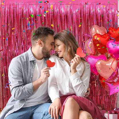Valentine's Day Party Decorations, 3 Pack 3.2x8.2ft Hot Pink Metallic Foil Fringe Curtain Streamer Backdrop for Bachelorette Birthday Party Supplies