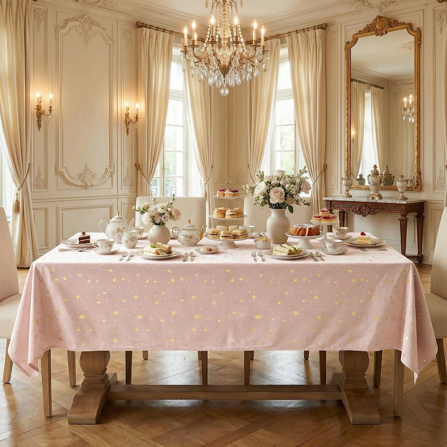 Horaldaily Pink Tablecloth 60×84 Inch Rectangular, Solid Rectangle Table Cloth with Golden Star Sequin, Spring Summer Table Cover for Wedding, Party, Banquet, and Events
