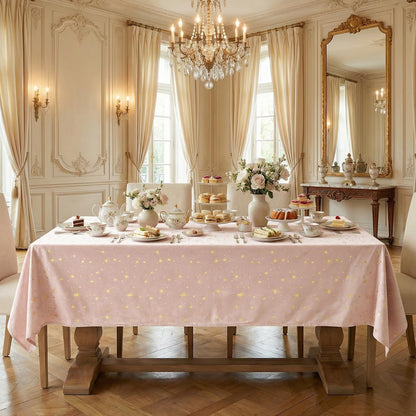 Horaldaily Pink Tablecloth 60×84 Inch Rectangular, Solid Rectangle Table Cloth with Golden Star Sequin, Spring Summer Table Cover for Wedding, Party, Banquet, and Events