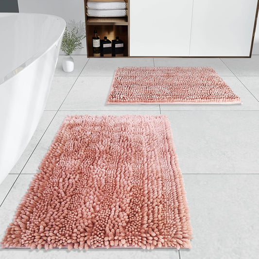 RULLENY Bathroom Rugs Set 2 Pieces Pink, Luxury Butter Chenille Bathroom Mats Non Slip Bath Mats, Super Absorbent and Machine Washable Bath Rug Sets, 31x20 and 16x24 Inch
