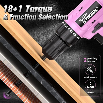 12V Cordless Drill Set with Battery & Charger, Electric Power Drill with Pure Copper Motor, 180 In-lbs Torque, 18+1 Clutch, 3/8" Keyless Chuck, LED Light, Drill Kit for Home Repair, DIY(Pink)