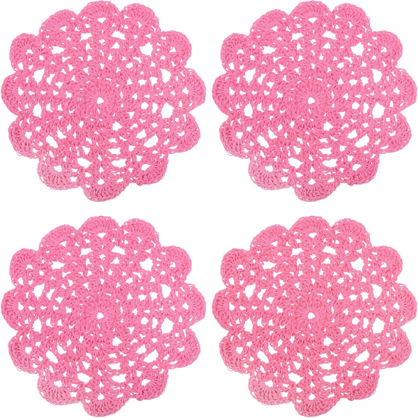 uxcell 4Pcs Crocheted Cotton Doilies, 5.5" Lace Doilies for Tables Cloth Lace Placemats Handmade Tray Doilies Round Cups Coasters for Glasses Crafts Kitchen Dining Room, Dark Pink