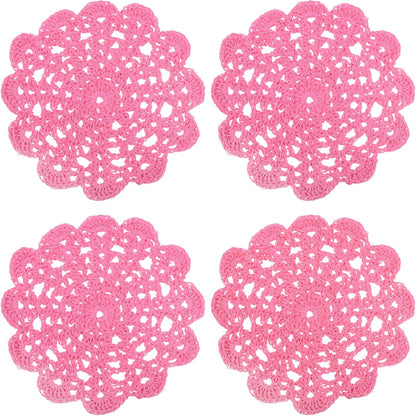 uxcell 4Pcs Crocheted Cotton Doilies, 5.5" Lace Doilies for Tables Cloth Lace Placemats Handmade Tray Doilies Round Cups Coasters for Glasses Crafts Kitchen Dining Room, Dark Pink