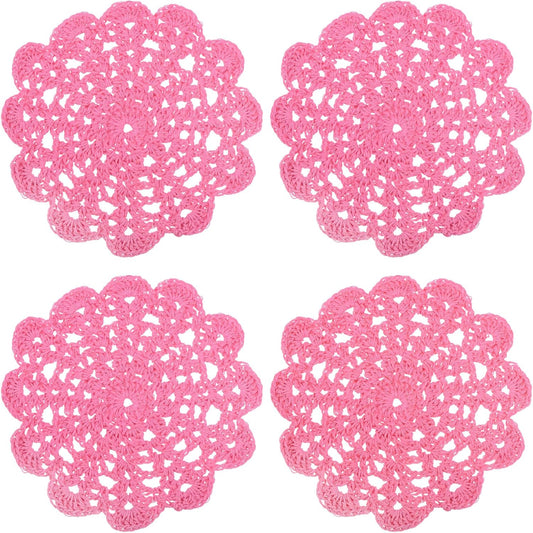 uxcell 4Pcs Crocheted Cotton Doilies, 5.5" Lace Doilies for Tables Cloth Lace Placemats Handmade Tray Doilies Round Cups Coasters for Glasses Crafts Kitchen Dining Room, Dark Pink