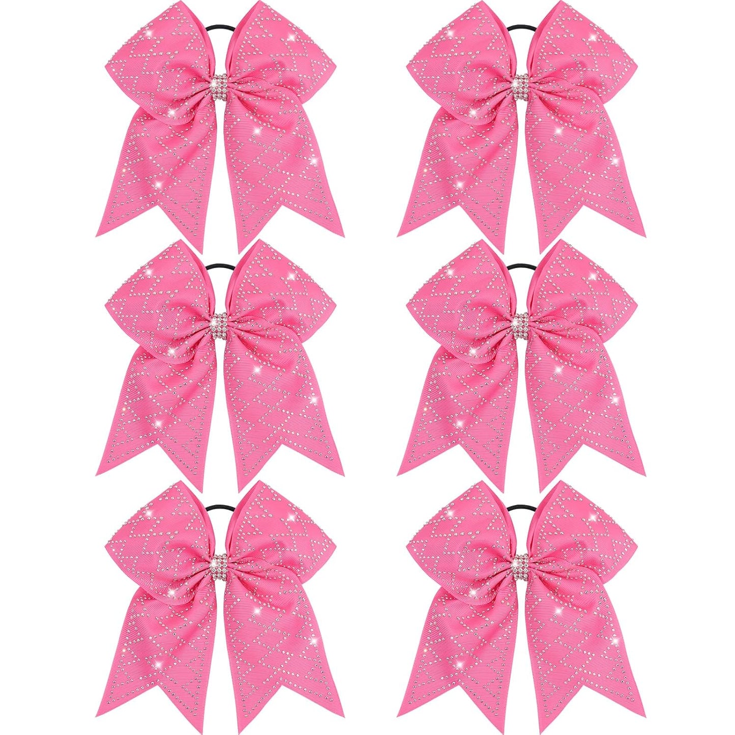 CN 6PCS Glitter Pink Large Cheer Bows for Cheerleader, Rhinestones Cheerleading bows for Girls Jumbo Cheer Hair Bows with Ponytail Holder for Teen Girls Softball College Sports Competition