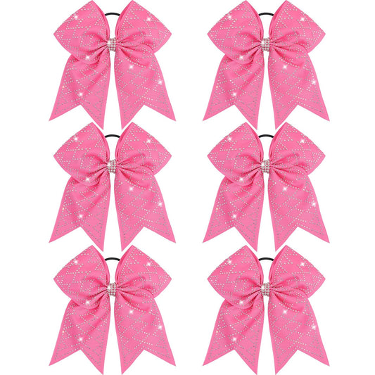 CN 6PCS Glitter Pink Large Cheer Bows for Cheerleader, Rhinestones Cheerleading bows for Girls Jumbo Cheer Hair Bows with Ponytail Holder for Teen Girls Softball College Sports Competition