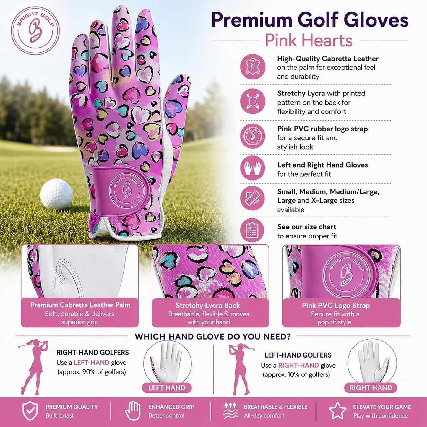 Ladies Golf Glove - Long-Lasting Premium Cabretta Leather Palm with Lightweight Breathable Lycra Back, Womens Golf Glove