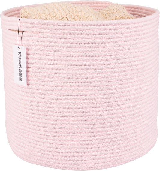 XUANGUO Cotton Rope Basket For Girls Kids 16”X14” Baby Laundry Baskets Nursery Bin Round Woven Basket Organizer For Storage Toys Blankets Shoes Clothes pink