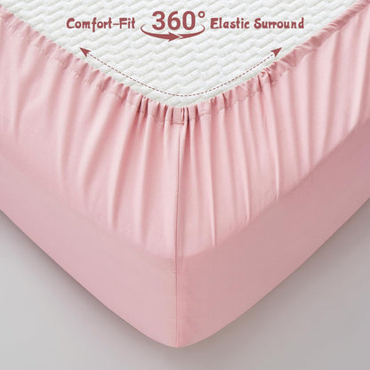 4 Piece Soft Toddler Sheet Set, Includes Flat Sheet, Fitted Sheet, Standard Pillowcase, Ruffled Toddler Pillowcase, Microfiber Bedding for Toddlers/Boys and Girls(Light Pink)