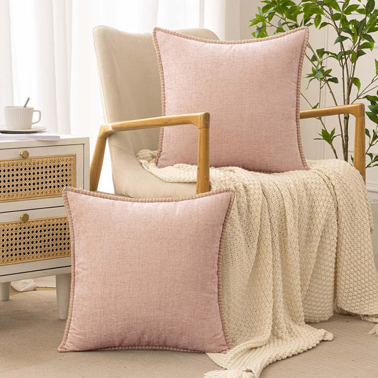 ANRODUO Pack of 2 Blush Pink Chenille Throw Pillow Covers 18x18 Inch Farmhouse Decorative Pillow Covers with Stitched Edge Soft Throw Pillows for Couch Sofa Bed and Living Room Fall Boho Home Decor