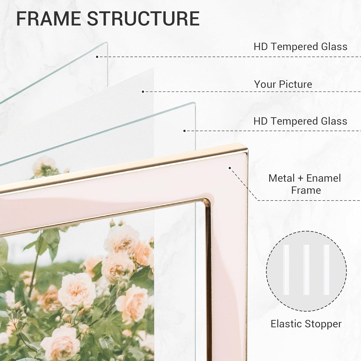 Axeman 4x6 Gold Floating Frame Pink Enamel Picture Frame with Metal Edge for 3.5x5, 2x3 up to 4x6 Photo Double Glass Floating Picture Frame for Desk Tabletop Shelf Vertical Display