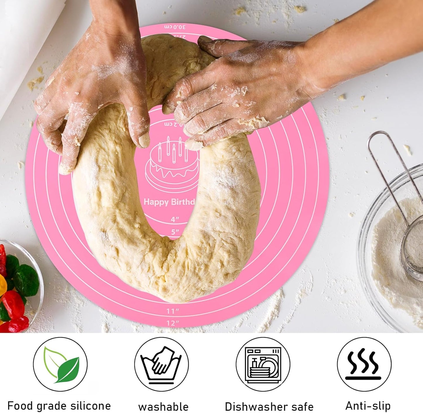 Silicone Baking Mat Cake Mat Round Silicone Baking Mat with Measurements for Cake Turntable Stand Pastry Baking Sheet, Non-Stick and Heat Resistant (Pink)