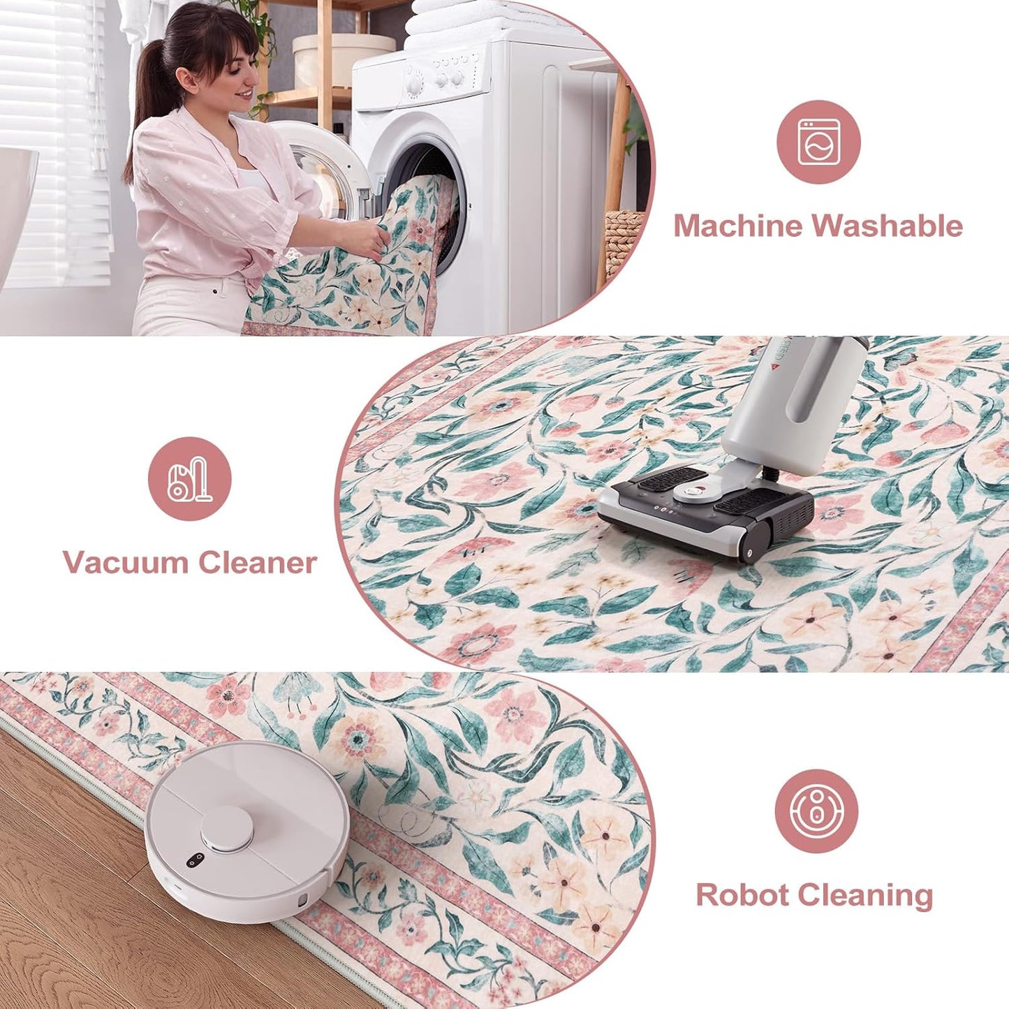 Collive Pink 5x7 Floral Area Rug, Machine Washable Rug for Bedroom Girls, Boho Non Slip Soft Ultra Thin Throw Indoor Rugs for Living Room Nursery Kids Playroom Dining Dorm