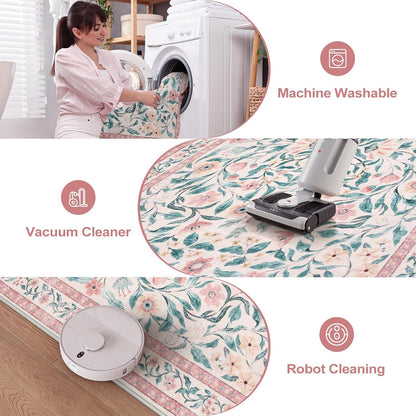 Collive Pink 5x7 Floral Area Rug, Machine Washable Rug for Bedroom Girls, Boho Non Slip Soft Ultra Thin Throw Indoor Rugs for Living Room Nursery Kids Playroom Dining Dorm