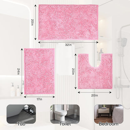 ZiYiJuan Bathroom Rugs, Super Absorbent Luxury Shaggy Chenille Bath Mats, Pink 20x20_17x24_20x32