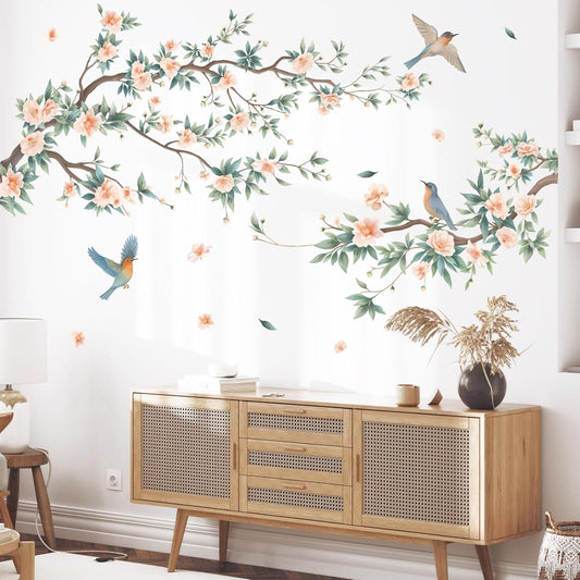 SHUCHING Camellia Flower Wall Sticker, Vintage Tree Branch Pink Flower Wall Decal Peel and Stick, Wall Art Decor for Bedroom Living Room