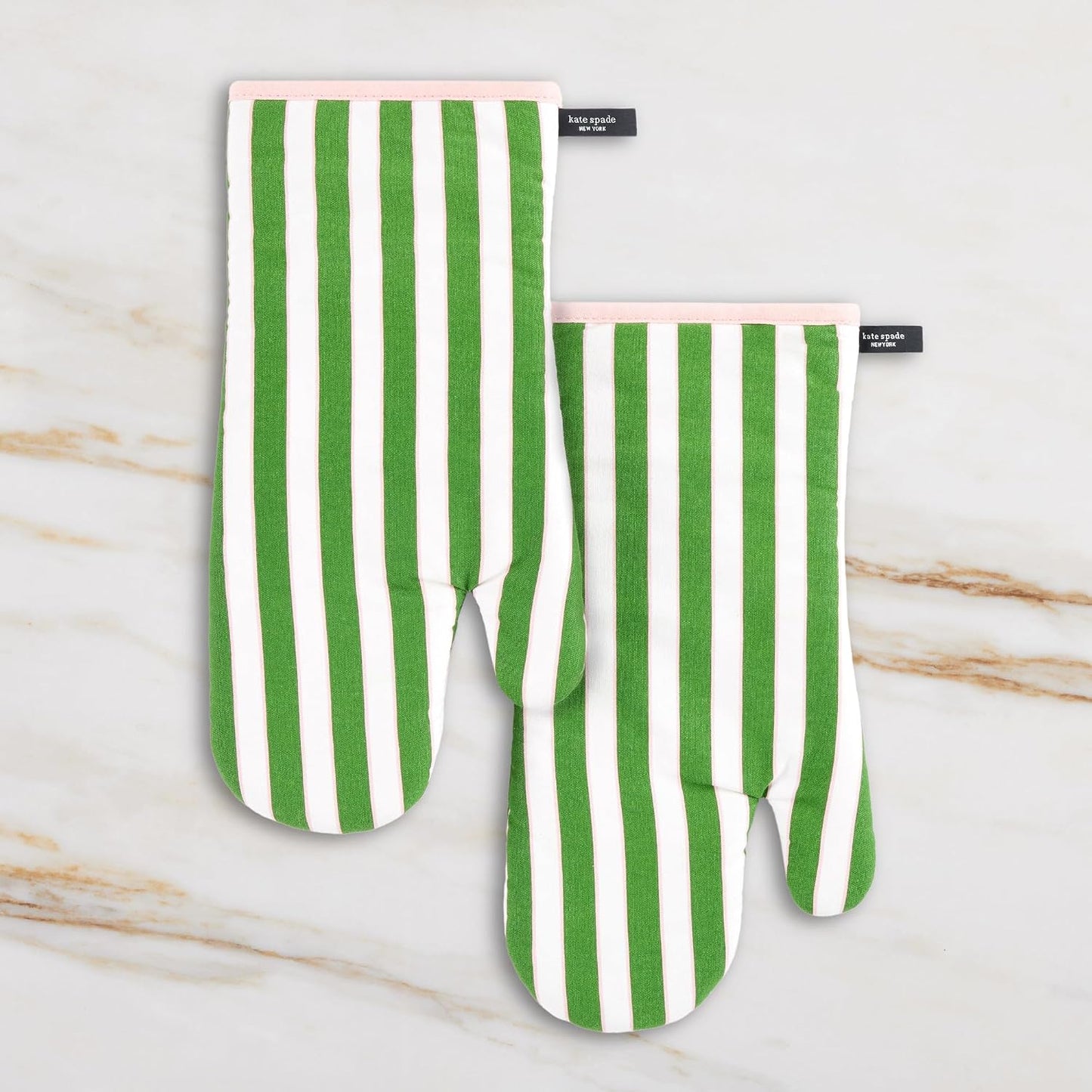 kate spade new york Botanical Stripe Oven Mitt 2-Pack Set, 7" x 13", Green/Pink