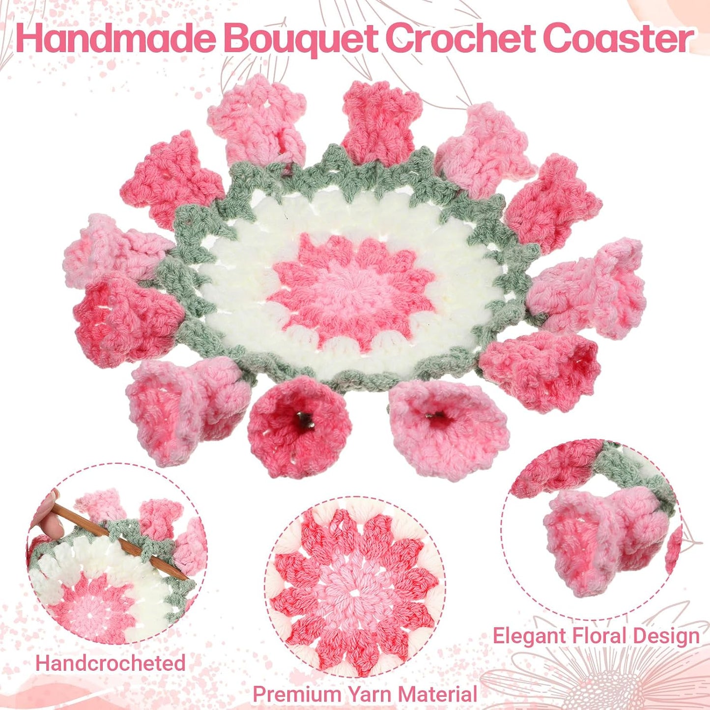 Flower Crochet Coasters Set with Mini Basket, Knitting Pink Rose Potted Plants, Handmade Bouquet Blanket Coaster, Fun Soft Floral Table Decorative for Coffee Table Wedding Gift Housewarming Birthday