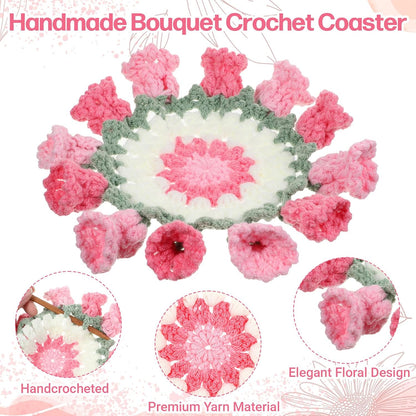 Flower Crochet Coasters Set with Mini Basket, Knitting Pink Rose Potted Plants, Handmade Bouquet Blanket Coaster, Fun Soft Floral Table Decorative for Coffee Table Wedding Gift Housewarming Birthday