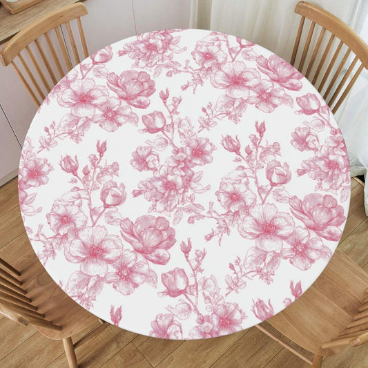 KiuLoam Vintage Chinoiserie Pink Ink Line Floral Round Tablecloth Farmhouse Table Cover with Elastic Edge Washable Fitted Table Cloth for Kitchen Patry Outdoor Decor Fits 45"-50", Medium