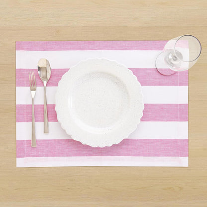 Solino Home Linen Cloth Placemats Set of 4 - Cabana Stripe 100% Pure Linen Pink and White Farmhouse Placemats 14 x 19 Inch for Summer