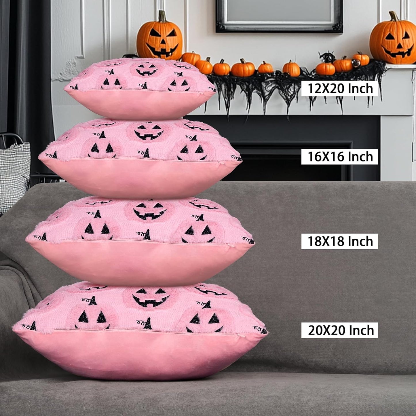 4TH Emotion Halloween Pumpkin Decorative Pillow Covers 18x18 Set of 2, Pink Soft Plush Faux Fur Farmhouse Throw Cushion Cases for Fall Autumn Holiday Home Decorations