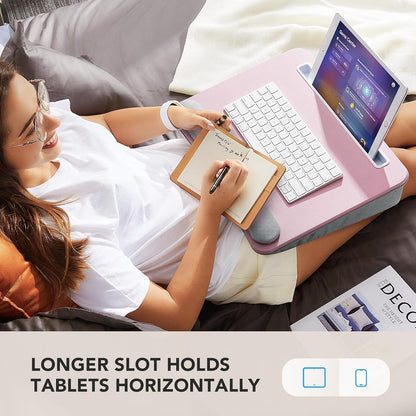 HUANUO Laptop Lap Desk - Portable Lap Desk with Pillow Cushion, Fits up to 15.6 inch Laptop, with Anti-Slip Strip & Storage Function for Home Office Students Use as Computer Laptop Stand - Pink