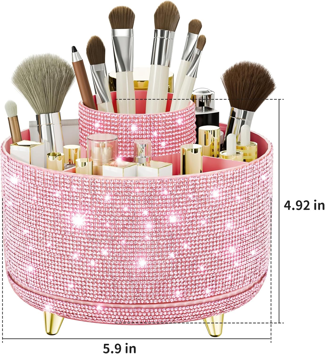 fanado Bling Diamond Makeup Brush Holder, 360° Rotating Makeup Organizer, 5 Slot Make up Brushes Cup for Countertop, Storage for Cosmetics Pen Eyeliner Skincare on the Vanity (Diamond Pink)