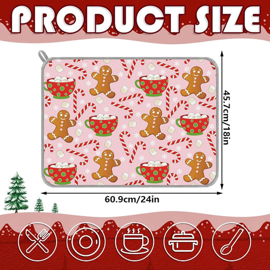 Christmas Dish Drying Mat Pink Gingerbread Candy Cane Absorbent Dish Drainer Protector Pad for Xmas Winter Kitchen Countertop Tableware Decor, 18 x 24 Inch