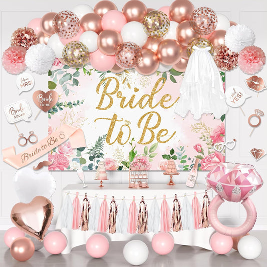 Bachelorette Party Decorations, Rose Gold Bride Shower Decorations Bride to Be Banner Backdrop Veil Sash Confetti Foil Balloons Tassel Paper Pom Poms Photo Props for Engagement Wedding Party Favors