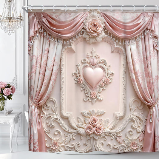 Riyidecor Pink White Roses Shower Curtain Floral Luxury Flower Elegant Aesthetic Vintage Girlish European Style 72Wx72H Inch Girly Woman Girls Fabric Decor Bathroom Polyester Waterproof 12 Pack Hooks