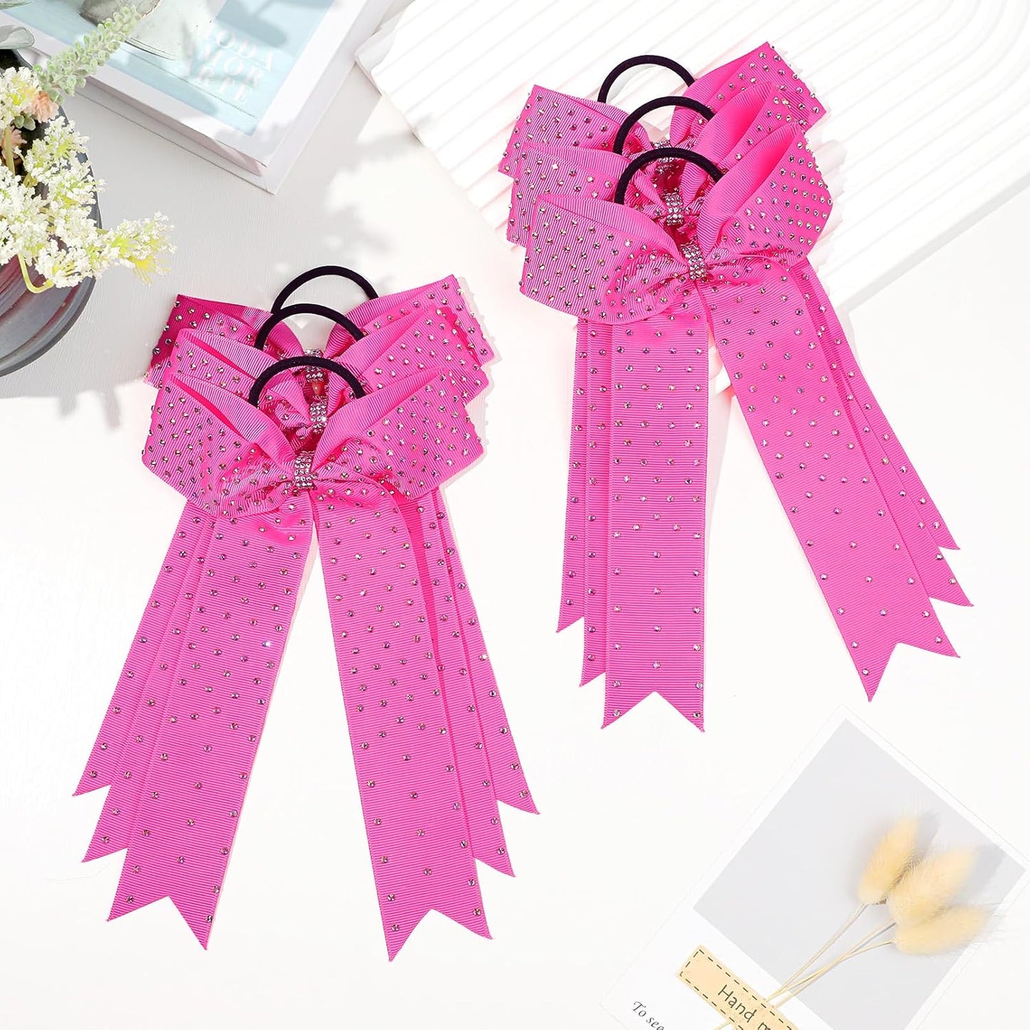 DEEKA 12 Count Pink Collegiate Style Cheer Bows with Rhinestones - Handmade Hair Accessories for Girls, Teens, Cheerleaders and Softball Players