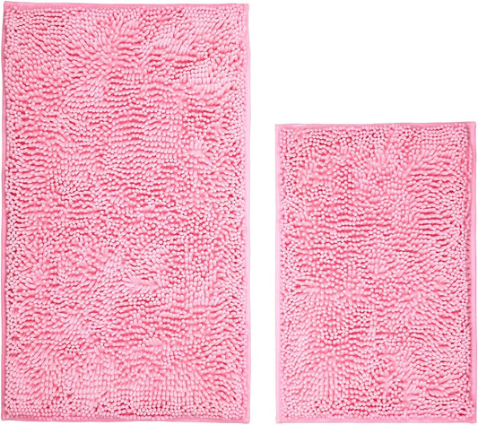 Bathroom Rugs Sets 2 Piece Washable, Luxury ，Chenille Bath Mat Set, Soft Plush Anti-Slip Rectangular Bath， Rug Super Absorbent. (Pink, 32"x20"+24"x16")