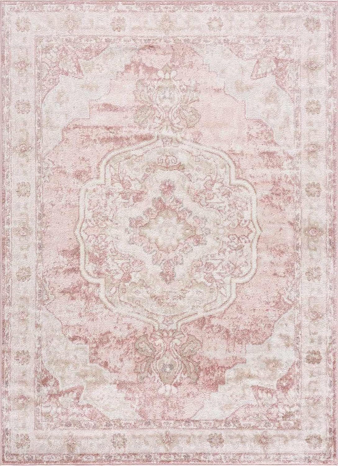 BoutiqueRugs Pink Oriental Traditional Cream 5x7 Area Rug Plum Beige Floral Medallion Kandos Living Room Bedroom Dining Room Home Office Apartment 5'3" x 7' Stain Resistant Non-Shedding Pet Friendly