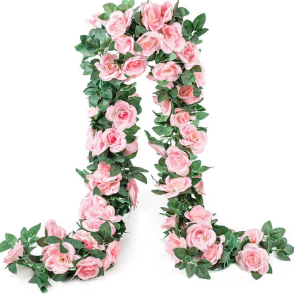 2 Pack Artificial Pink Rose Garland Vine - Total 16FT Silk Fake Blush Pink Rose Flower Hanging Vine for Wedding Arch Home Wall Decor Valentine's Day Mother's Day Baby Shower Party