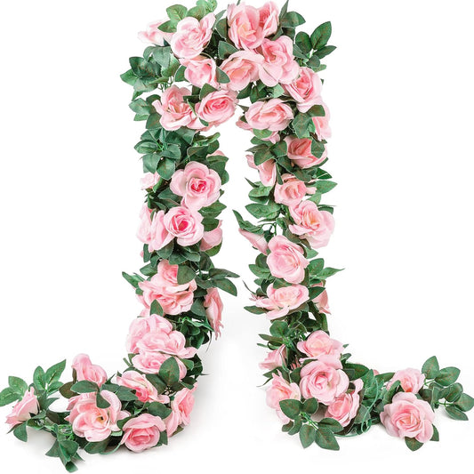 2 Pack Artificial Pink Rose Garland Vine - Total 16FT Silk Fake Blush Pink Rose Flower Hanging Vine for Wedding Arch Home Wall Decor Valentine's Day Mother's Day Baby Shower Party