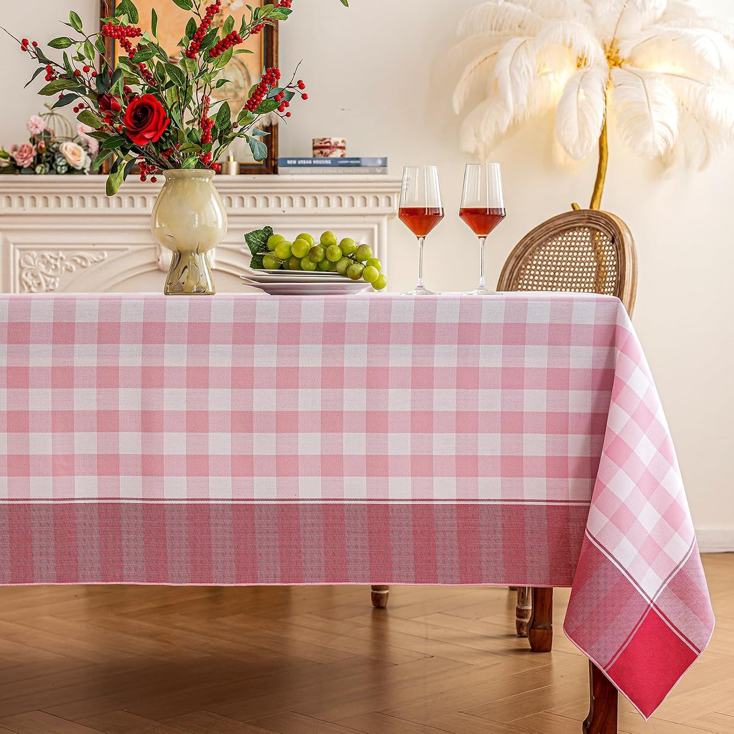 Midsummer Breeze Checkered Tablecloth-Country Gingham Table Cloth-Rustic Farmhouse Tablecloths for Spring, Summer, Valentine's Day, Easter, Picnic (Rectangle, 60"x120", Pink)