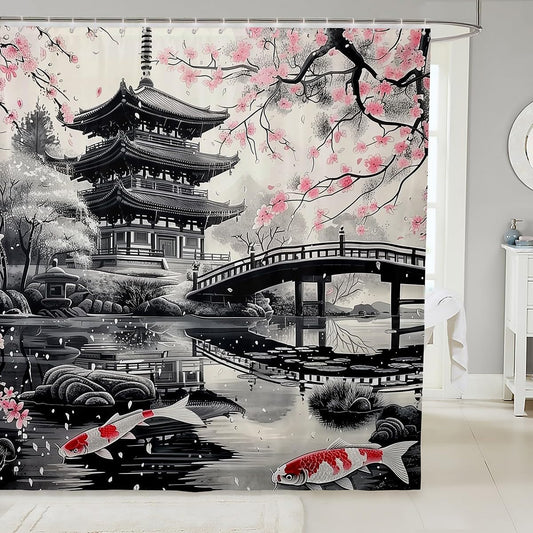 jejeloiu Japanese Style Shower Curtain Cherry Blossoms Bath Curtain for Kids Koi Fish Bathroom Waterproof Accessories with 12 Hooks Grey Pink Waterproof Polyester,72x78 Inches