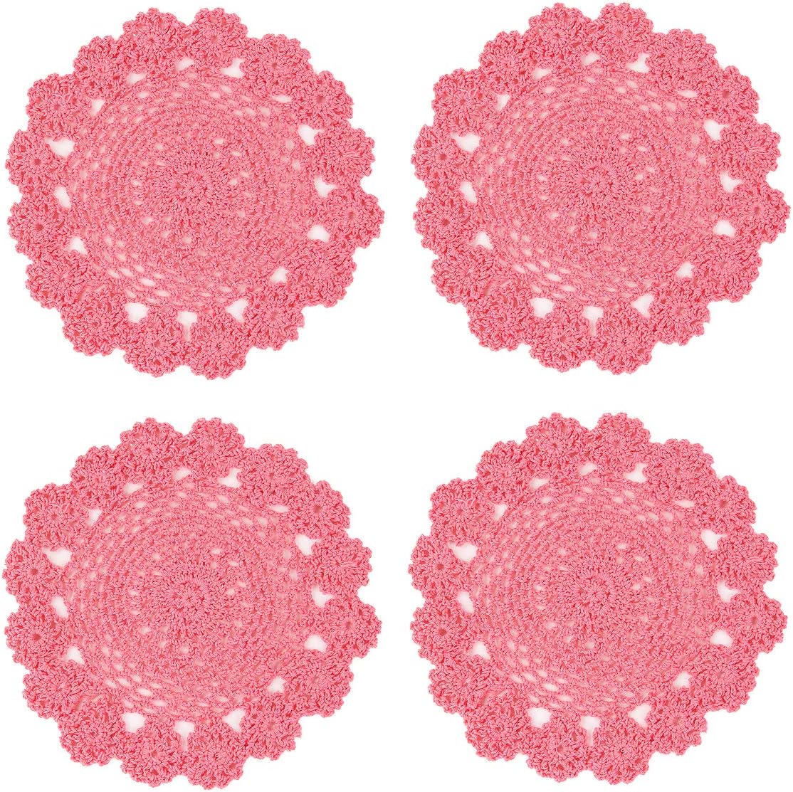 kilofly Crochet Cotton Lace Table Placemats Doilies Pack, 4pc, Pink, 7 inch