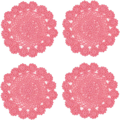 kilofly Crochet Cotton Lace Table Placemats Doilies Pack, 4pc, Pink, 7 inch