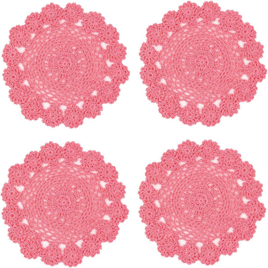 kilofly Crochet Cotton Lace Table Placemats Doilies Pack, 4pc, Pink, 7 inch