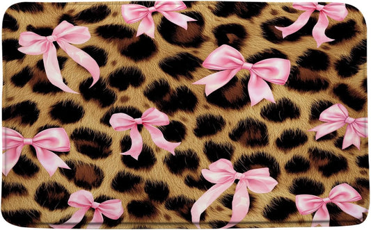 Leopard Print Pink Bow Bath Mat Bowknot Brown Cheetah Modern Fashion Girls for Bathtub Area Decor(24x47 Inch)