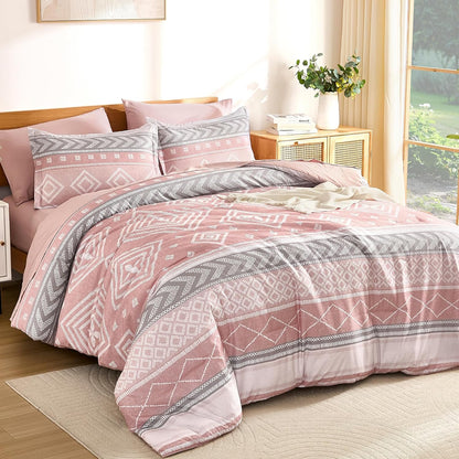Yiran Comforter Set Queen Size, 7 Pieces Boho Aztec Bed in a Bag, Blush Pink Southwestern Bedding Sets for All Seasons, Lightweight Comforter Bed Set with Sheets, Pillowcases & Shams