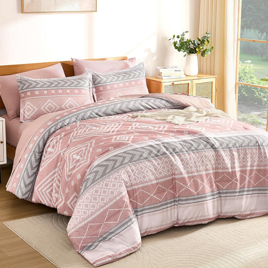 Yiran Comforter Set Queen Size, 7 Pieces Boho Aztec Bed in a Bag, Blush Pink Southwestern Bedding Sets for All Seasons, Lightweight Comforter Bed Set with Sheets, Pillowcases & Shams