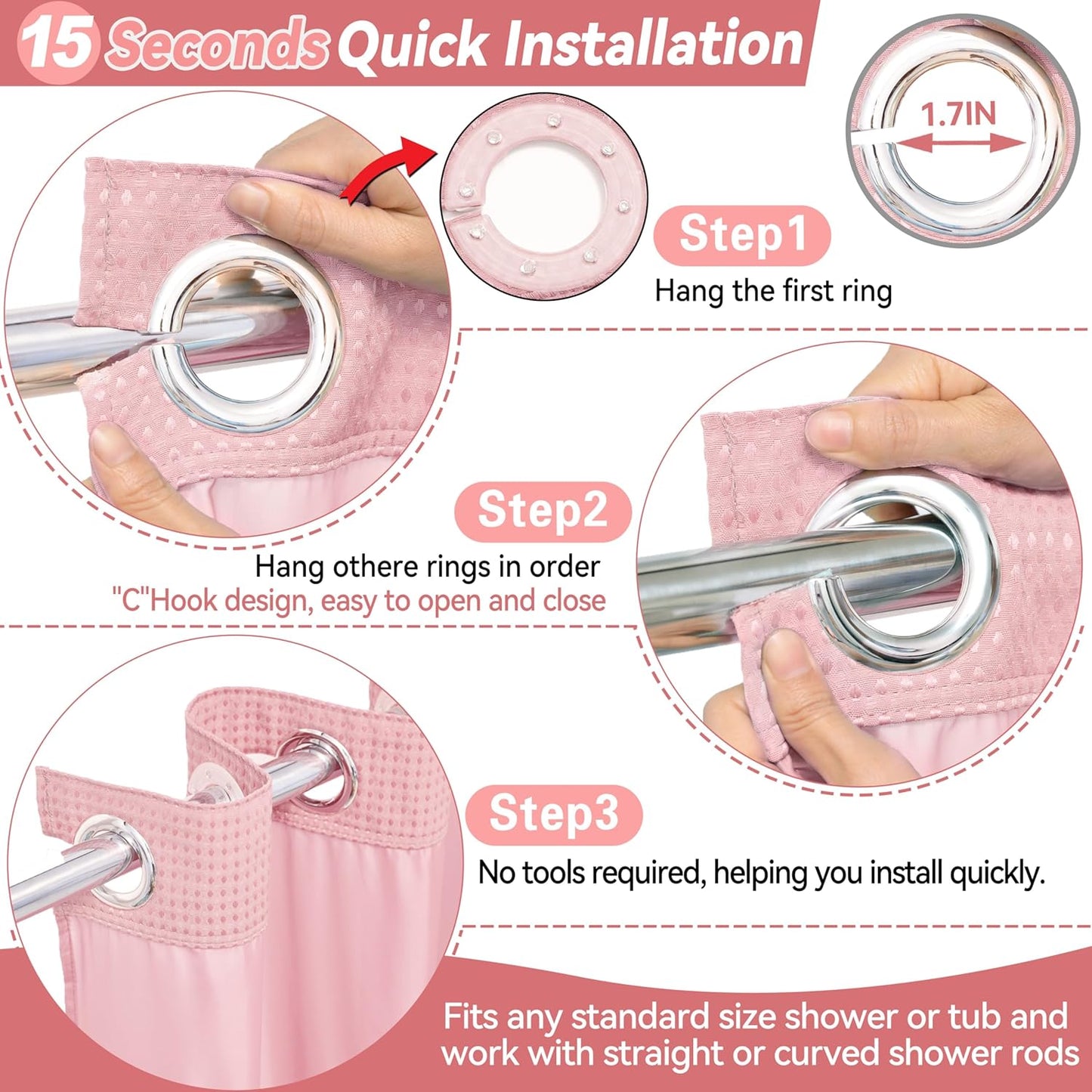 Conbo Mio No Hook Waffle Weave Shower Curtain with Snap in Liner Set, Hotel Luxury Pink Shower Curtains for Bathroom with See Through Top Window, Waterproof, Washable 71W x 74H