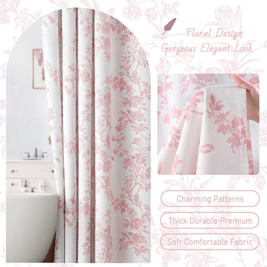 Pink Floral Shower Curtain,Vintage Cotton Cottagecore Shower Curtains for Bathroom, 72" W x 72" L
