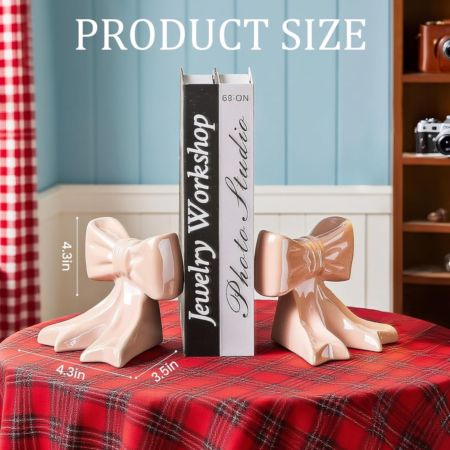 1 Pair Ceramic Bow Bookends Glossy Finish Desk Decor with Non-Slip Base, 4.3x3.5x4.3 Inch Shelf Organizers for Home/Dorm/Office (Pink)
