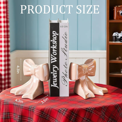 1 Pair Ceramic Bow Bookends Glossy Finish Desk Decor with Non-Slip Base, 4.3x3.5x4.3 Inch Shelf Organizers for Home/Dorm/Office (Pink)